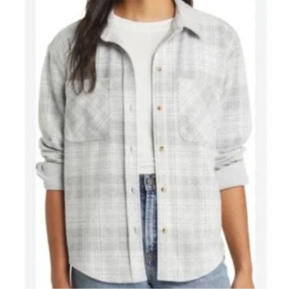 BEACH LUNCH LOUNGE women’s small/petite GREY WHITE PLAID BUTTON FRONT SHACKET